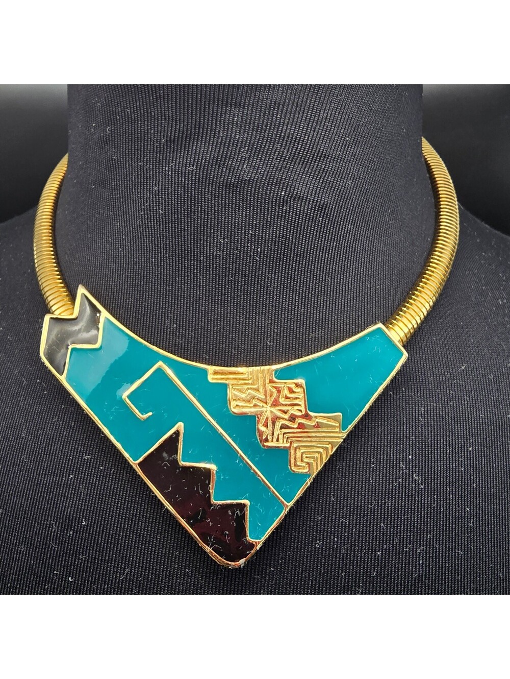 Vintage Southwestern Enamel Statement Collar Necklace Teal Black Gold Tone 80s